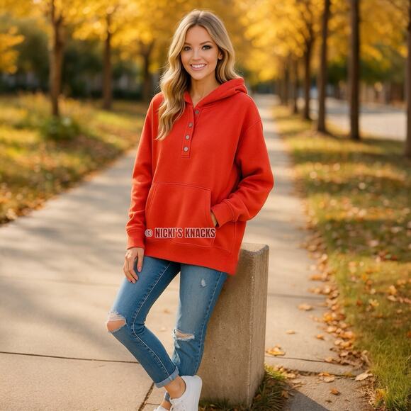 Anrabess Red Orange Oversized Snap Hoodie Henley Pullover Sweatshirt Size XL - Picture 1 of 8